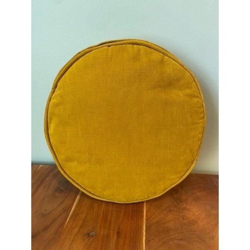 Round Throw Pillow Yellow Corduroy White Lace Accent Cottagecore Vintage Mustard